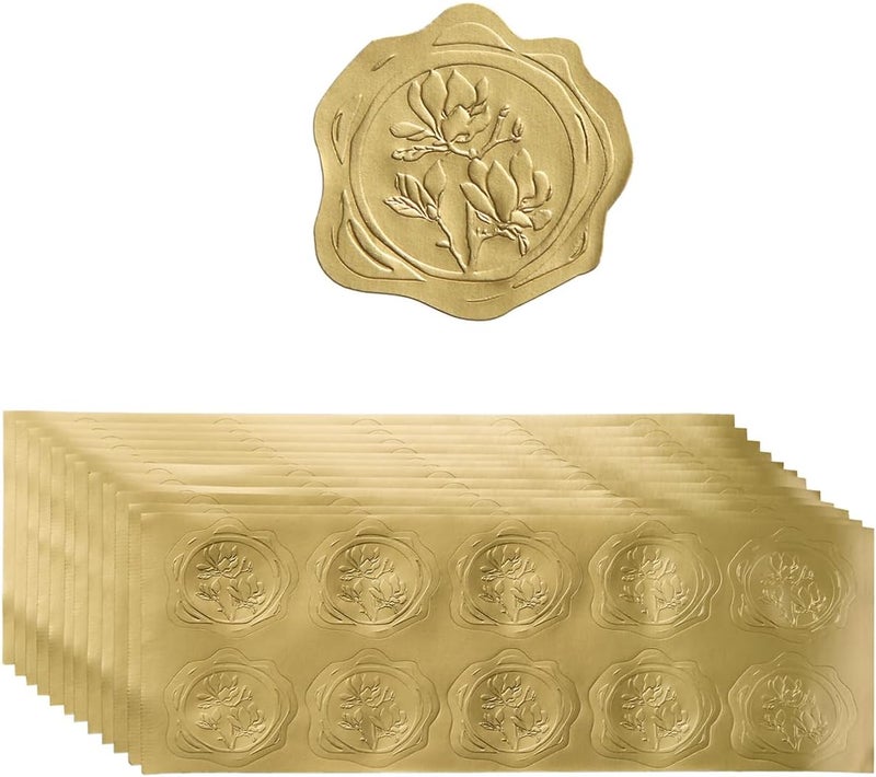 Homtable 300 Pieces Embossed Gold Foil Stickers Gold Stickers for Envelopes, Wedding Invitations, Christmas Greeting Cards Envelopes (Gold Magnolia) - Image 1